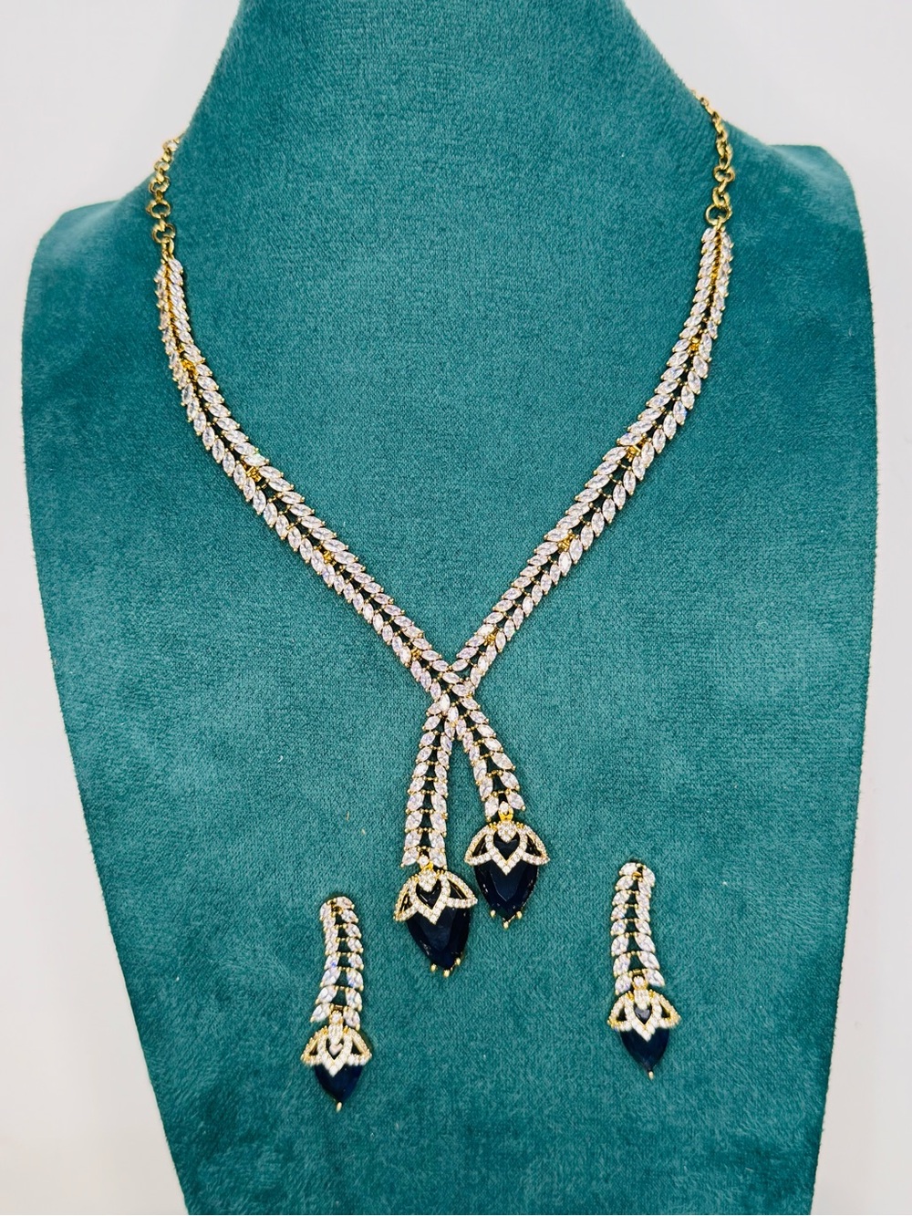 Fashion Jewelry Gold-Tone Necklace & Earrings with Dark Blue Teardrops